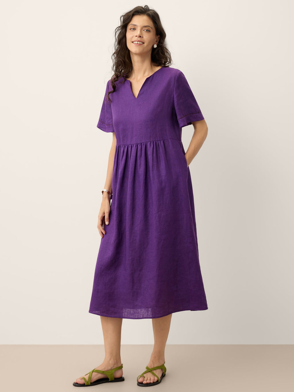 100% Linen Embroidered Cuff Split Neck Maxi Dress OCTAVIA