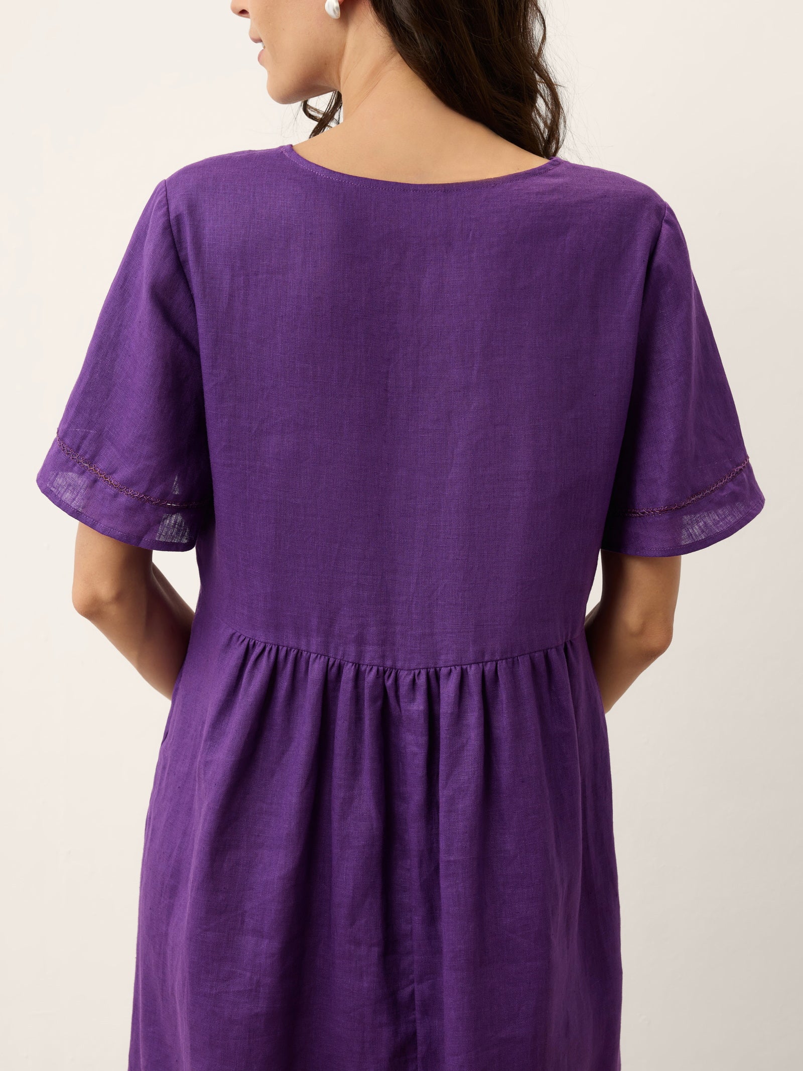 100% Linen Embroidered Cuff Split Neck Maxi Dress OCTAVIA