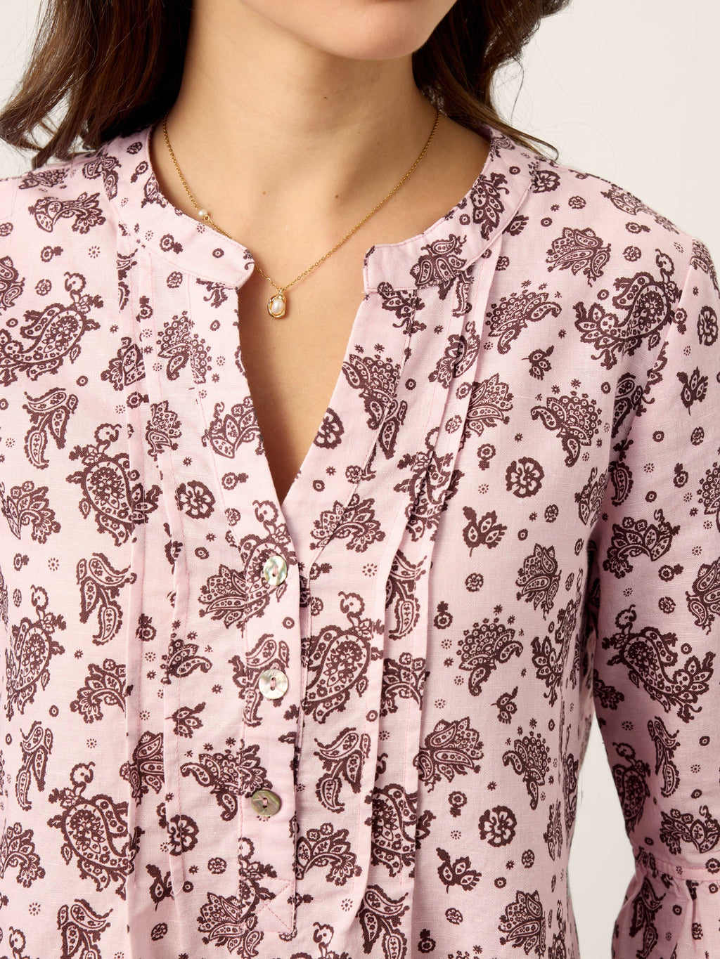 Linen Paisley Pintucked Ruffle-Cuff Curved Hem Blouse ILARIA