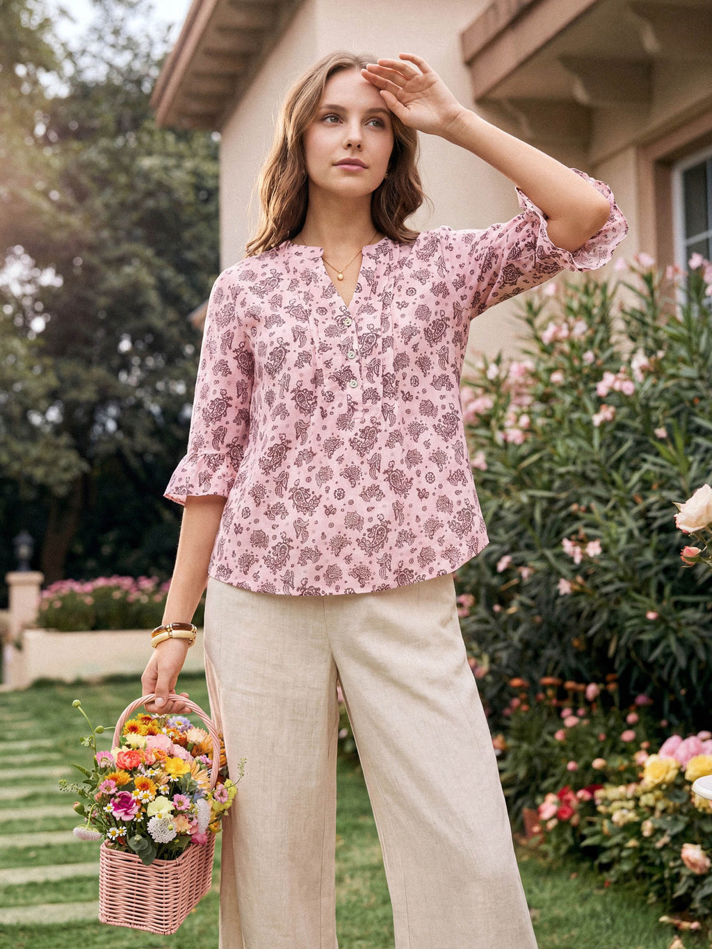 Linen Paisley Pintucked Ruffle-Cuff Curved Hem Blouse ILARIA