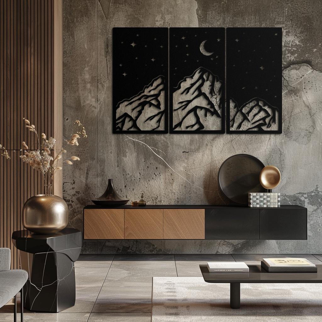 Mountain Nightscape Metal Wall Art - 3-Panel Modern Wall Decor - KAF202