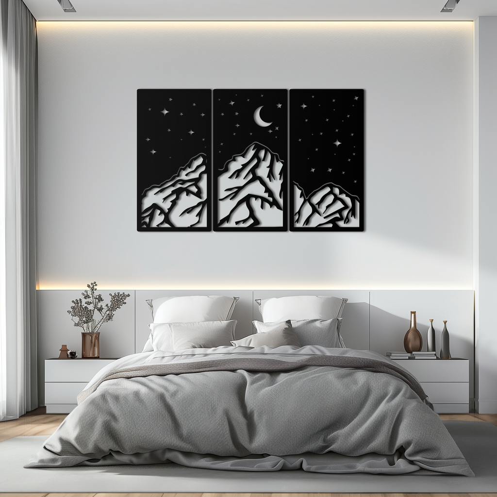 Mountain Nightscape Metal Wall Art - 3-Panel Modern Wall Decor - KAF202