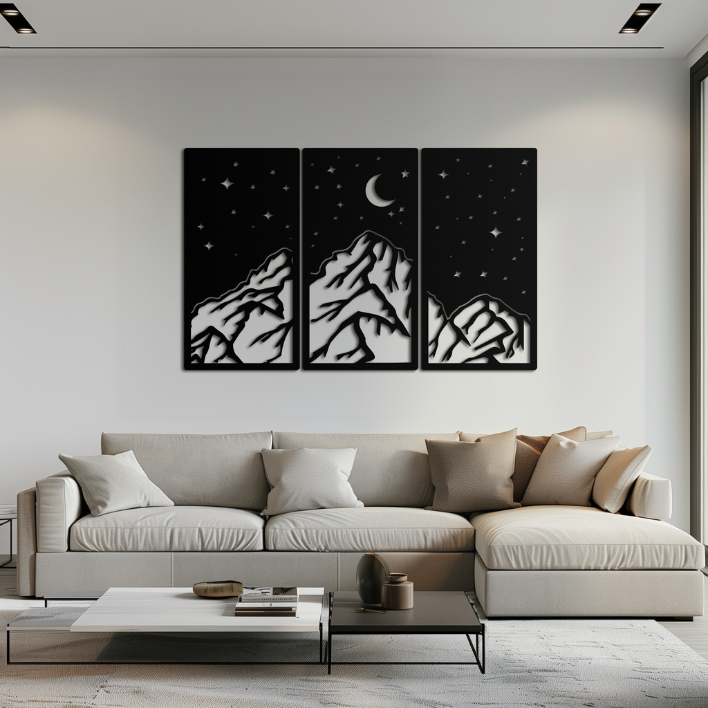 Mountain Nightscape Metal Wall Art - 3-Panel Modern Wall Decor - KAF202