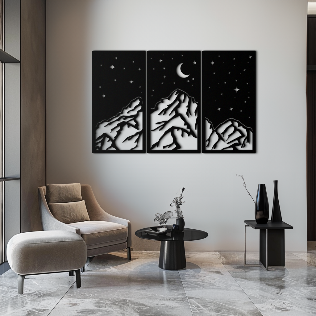 Mountain Nightscape Metal Wall Art - 3-Panel Modern Wall Decor - KAF202