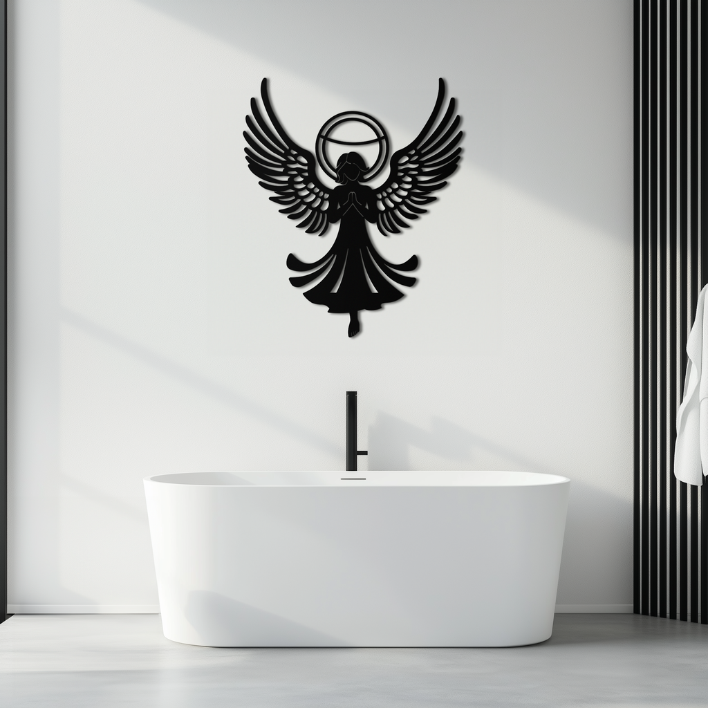 Guardian Angel Metal Wall Art – Spiritual Angel Silhouette with Halo for Home Blessing Decor- KAF359