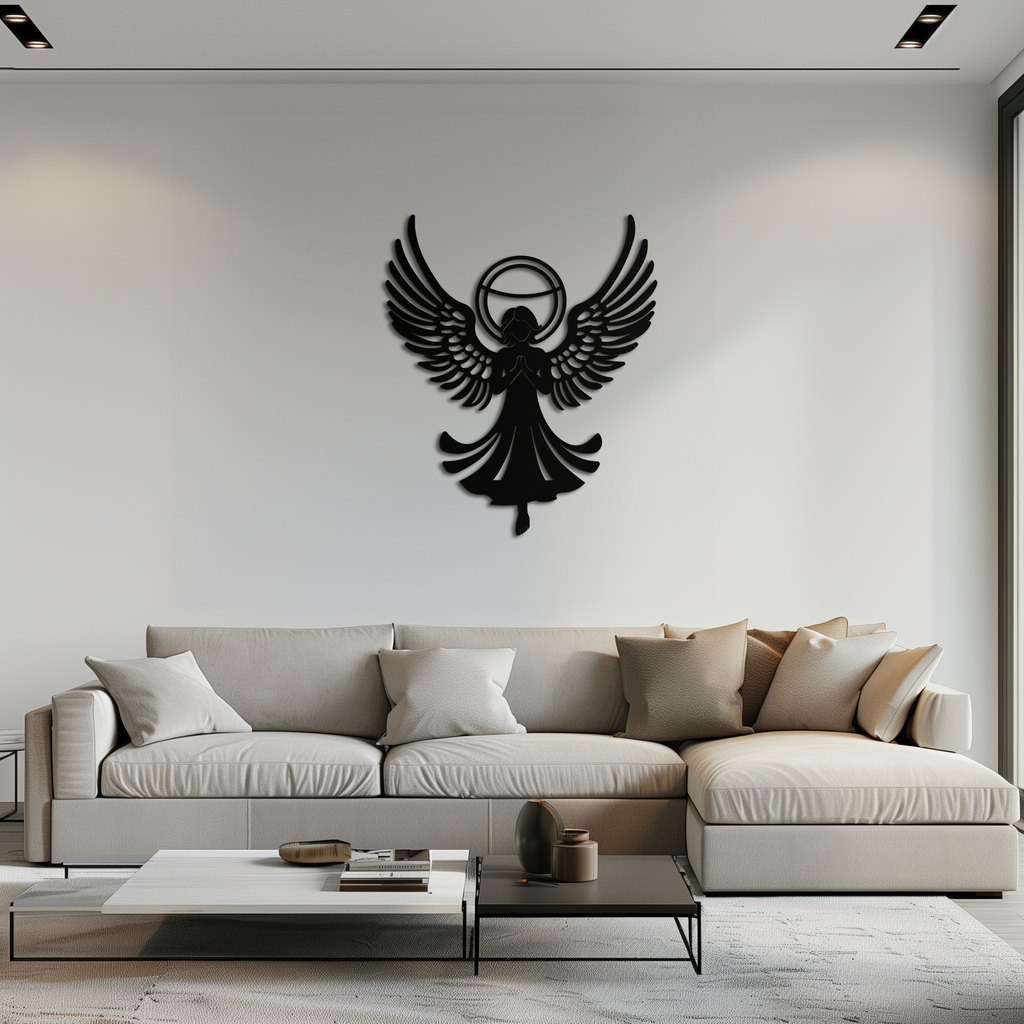 Guardian Angel Metal Wall Art – Spiritual Angel Silhouette with Halo for Home Blessing Decor- KAF359