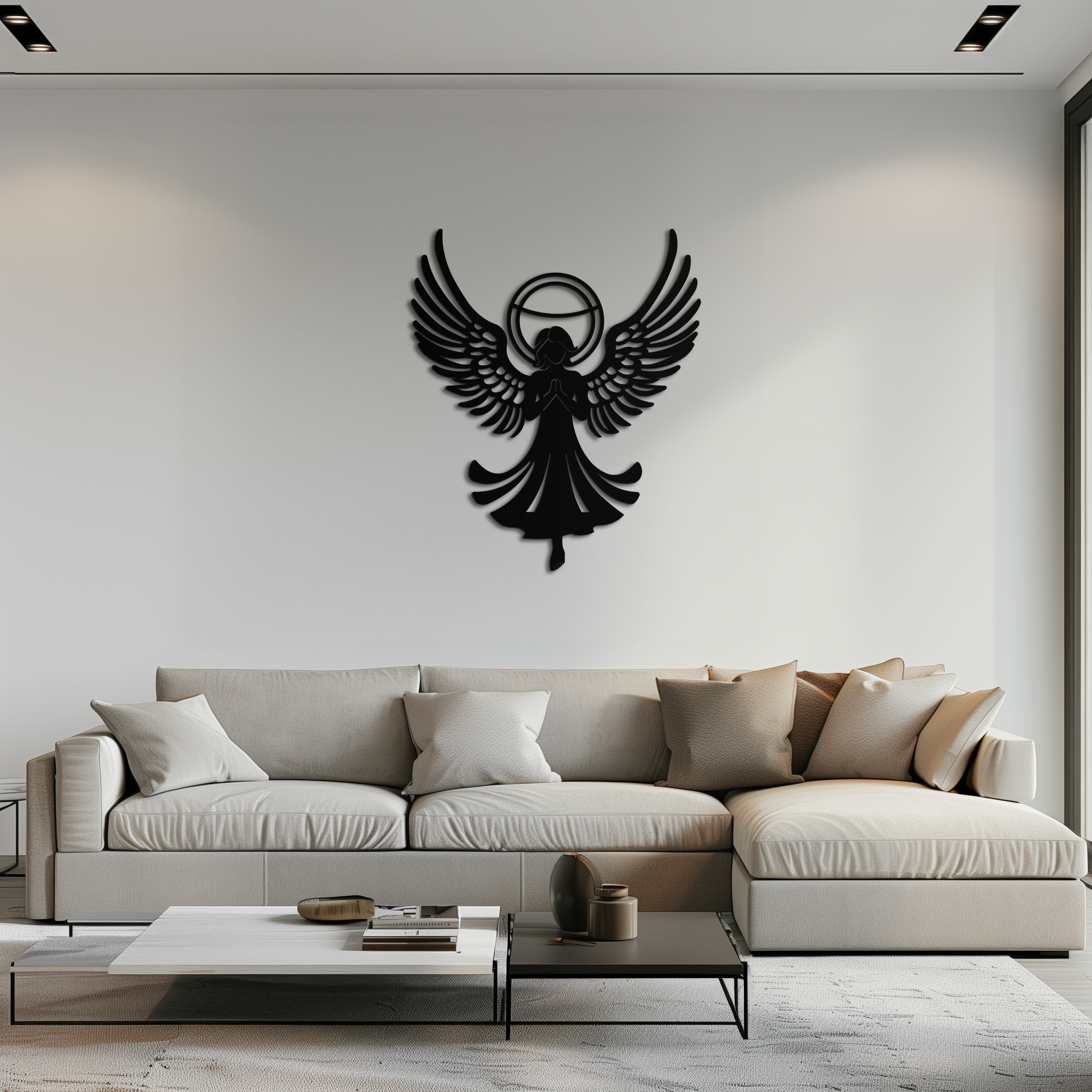 Guardian Angel Metal Wall Art – Spiritual Angel Silhouette with Halo for Home Blessing Decor- KAF359