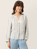 Linen Tribal Stripe Split Neck Bohemian Blouse KERENZA